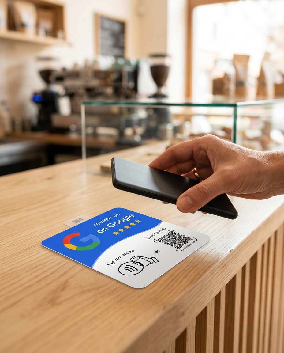Carte NFC collée sur un comptoir avec adhésif 3M