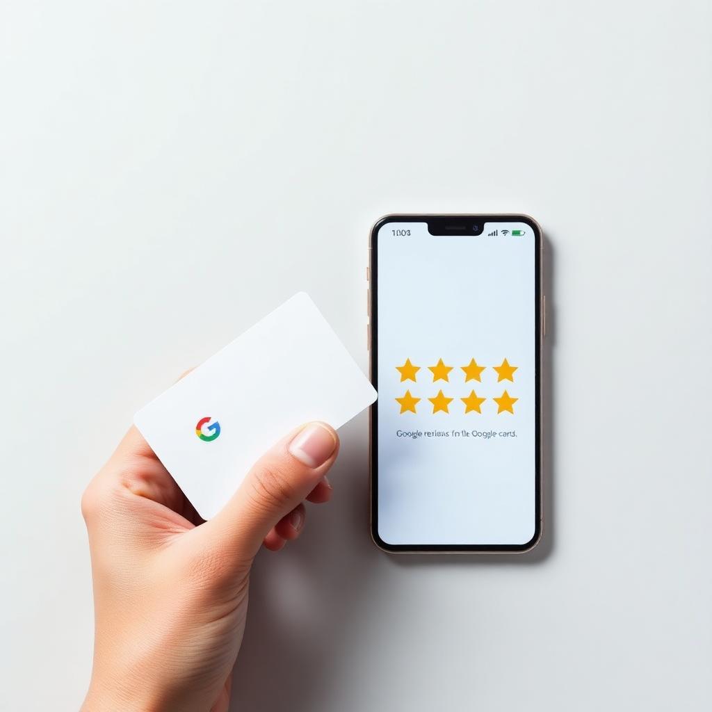 Carte NFC Avis FLASH près d'un smartphone affichant des avis Google